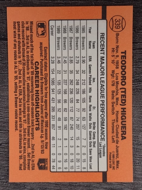1990 Donruss #339 Teddy Higuera