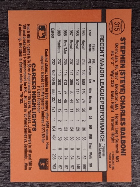 1990 Donruss #315 Steve Balboni