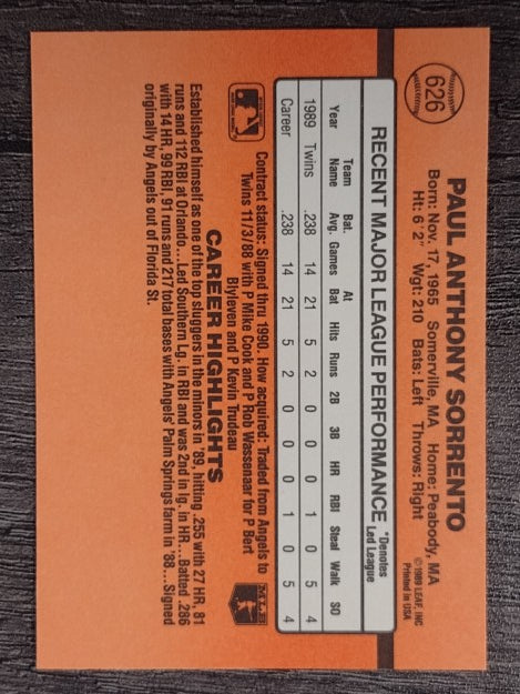1990 Donruss #626 Paul Sorrento DP RC