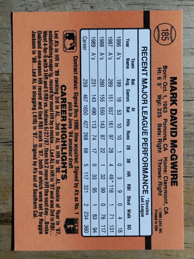 1990 Donruss #185 Mark McGwire
