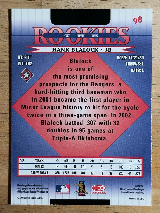2002 Donruss Rookies #98 Hank Blalock