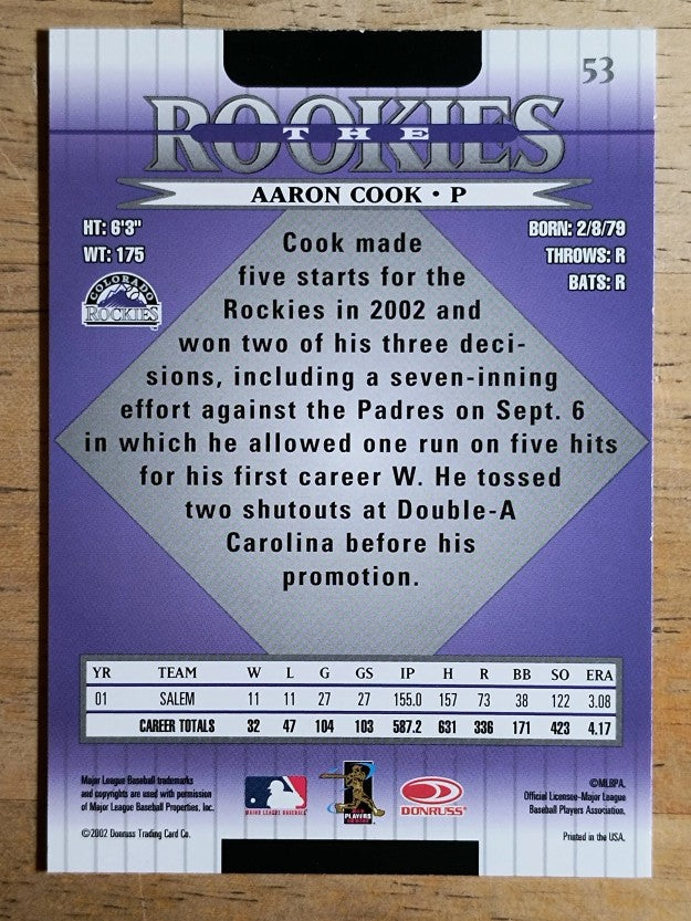 2002 Donruss Rookies #53 Aaron Cook RC