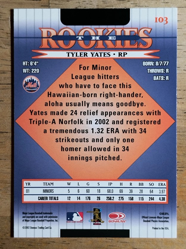 2002 Donruss Rookies #103 Tyler Yates RC