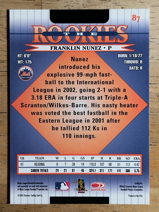 2002 Donruss Rookies #87 Franklin Nunez RC