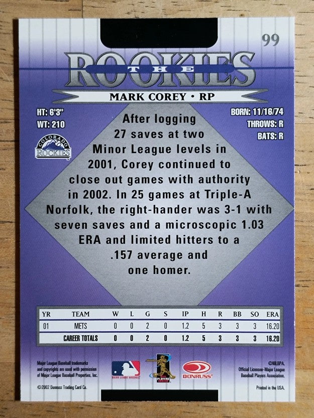 2002 Donruss Rookies #99 Mark Corey RC