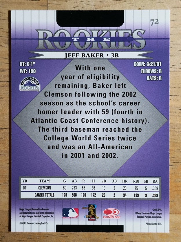 2002 Donruss Rookies #72 Jeff Baker RC