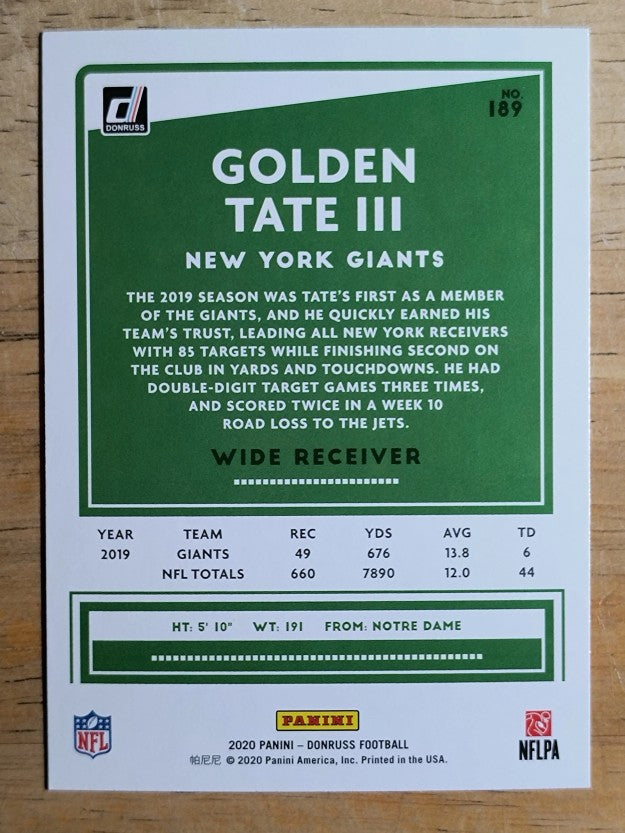 2020 Donruss #189 Golden Tate III