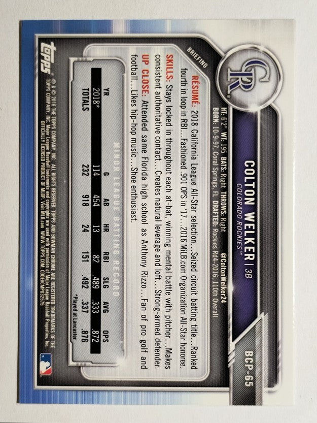 2019 Bowman Chrome Prospects #BCP65 Colton Welker