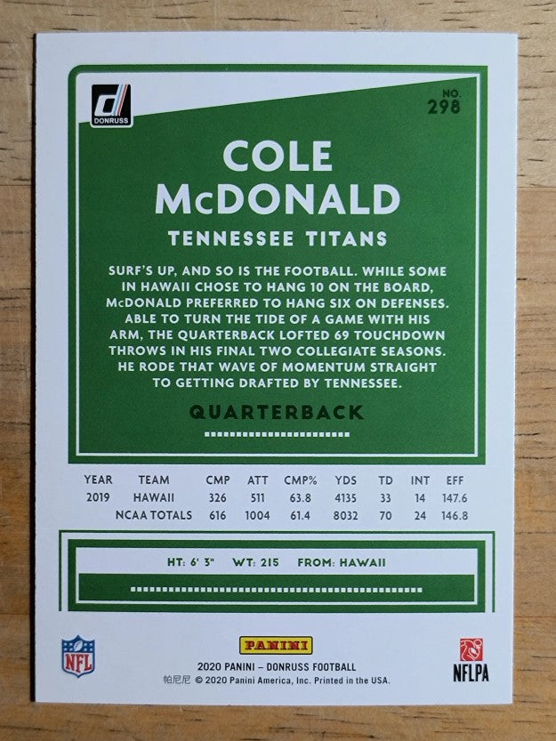 2020 Donruss #298 Cole McDonald RC