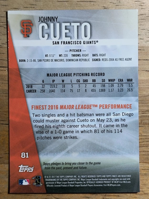 2017 Finest #81 Johnny Cueto