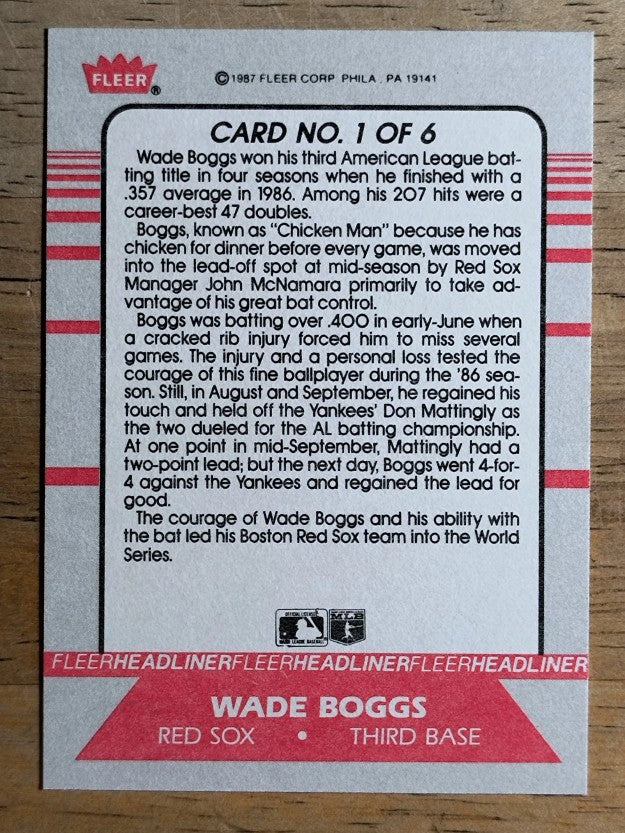 1987 Fleer Headliners #1 Wade Boggs