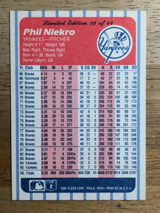 1986 Fleer League Leaders #28 Phil Niekro