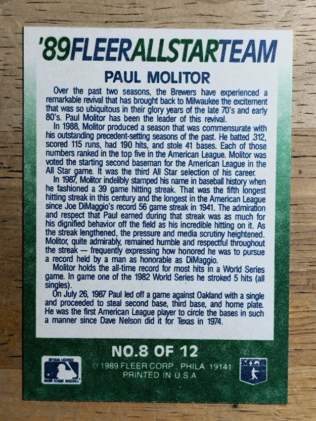 1989 Fleer All-Stars #8 Paul Molitor