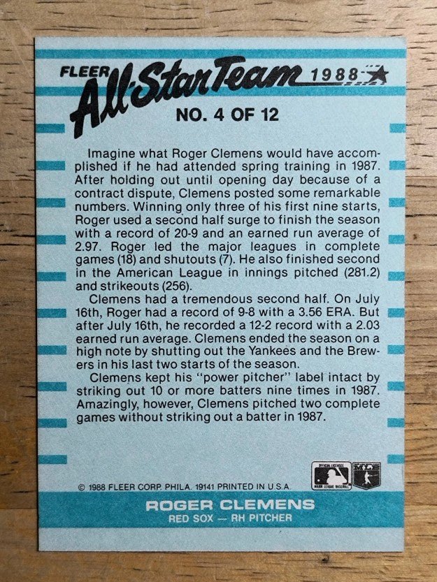 1988 Fleer All-Stars #4 Roger Clemens