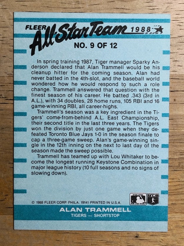 1988 Fleer All-Stars #9 Alan Trammell