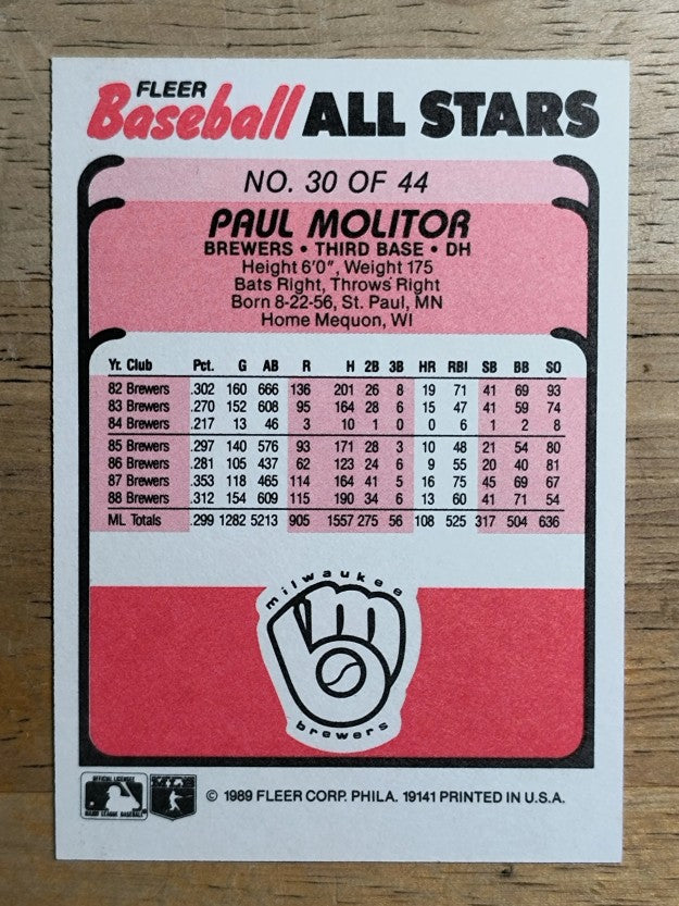 1989 Fleer Baseball All-Stars #30 Paul Molitor