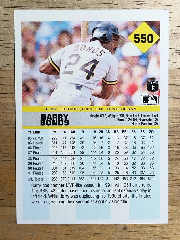 1992 Fleer #550 Barry Bonds