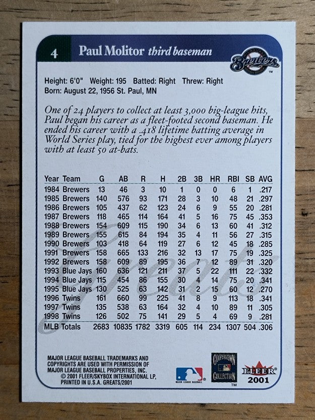 2001 Greats of the Game #4 Paul Molitor