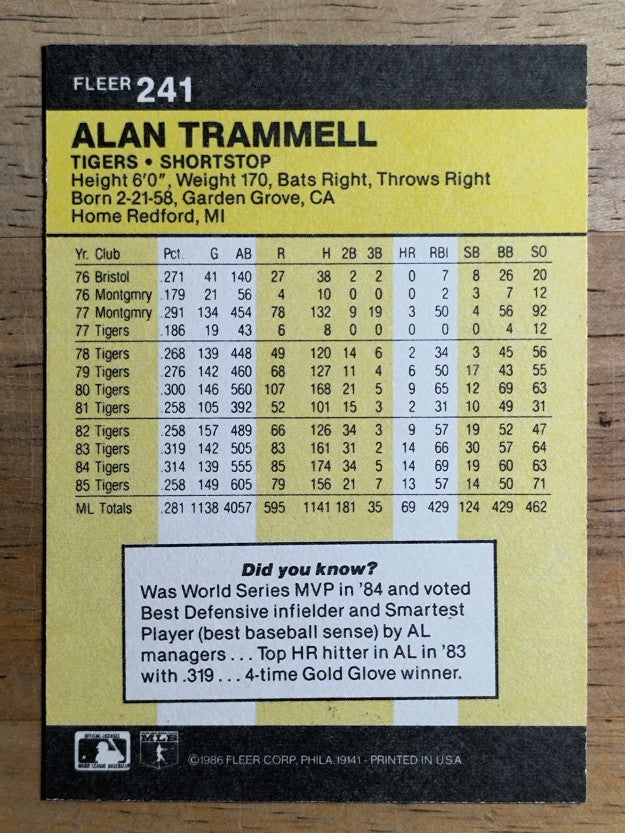 1986 Fleer #241 Alan Trammell