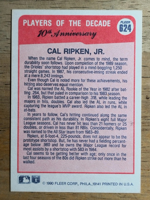 1990 Fleer #624B Cal Ripken '83 COR/spelled Ripken on front