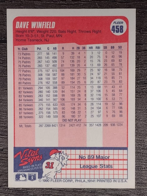 1990 Fleer #458 Dave Winfield