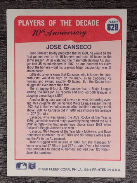 1990 Fleer #629 Jose Canseco '88