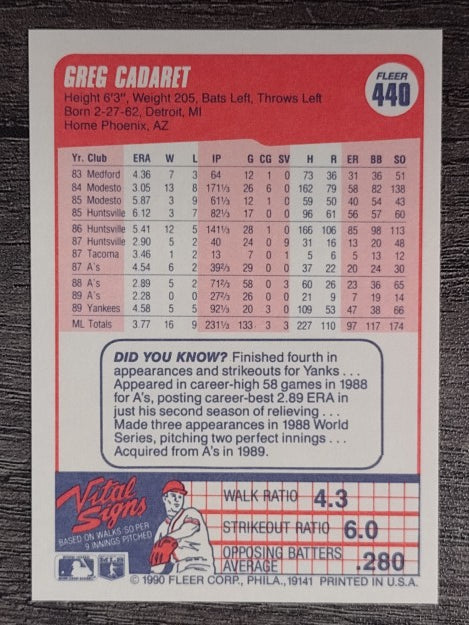 1990 Fleer #440 Greg Cadaret