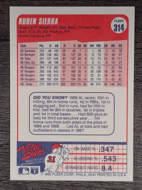1990 Fleer #314 Ruben Sierra