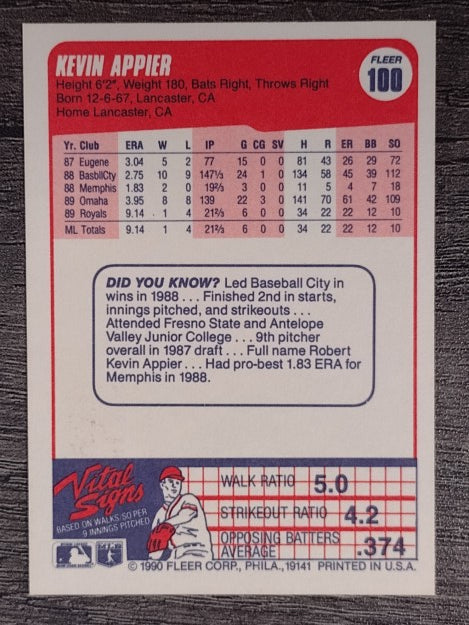 1990 Fleer #100 Kevin Appier