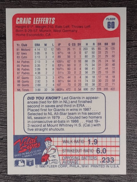 1990 Fleer #60 Craig Lefferts