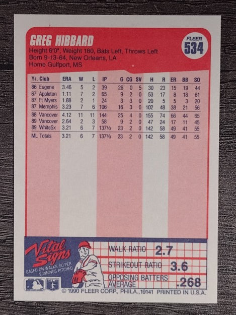 1990 Fleer #534 Greg Hibbard RC