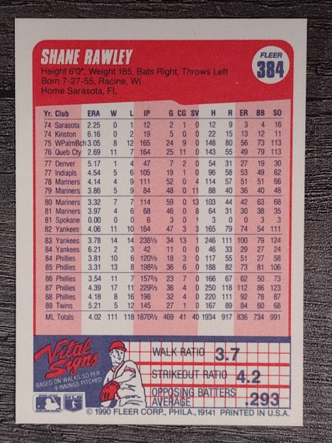 1990 Fleer #384 Shane Rawley