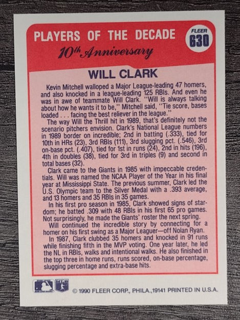 1990 Fleer #630A Will Clark '89 ERR/32 total bases on card back