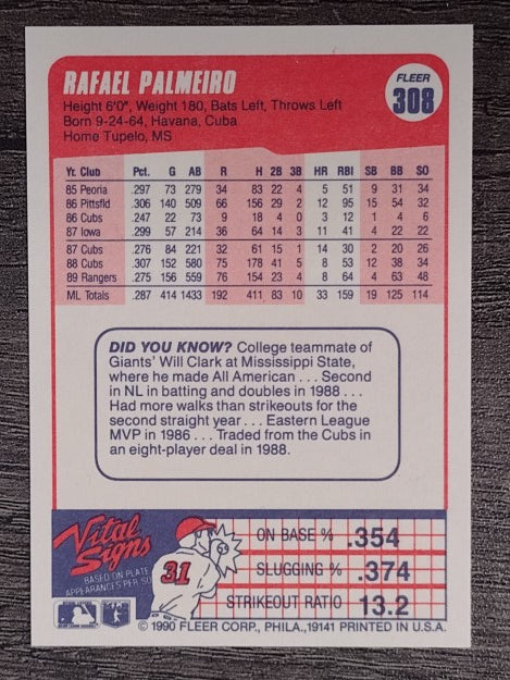 1990 Fleer #308 Rafael Palmeiro