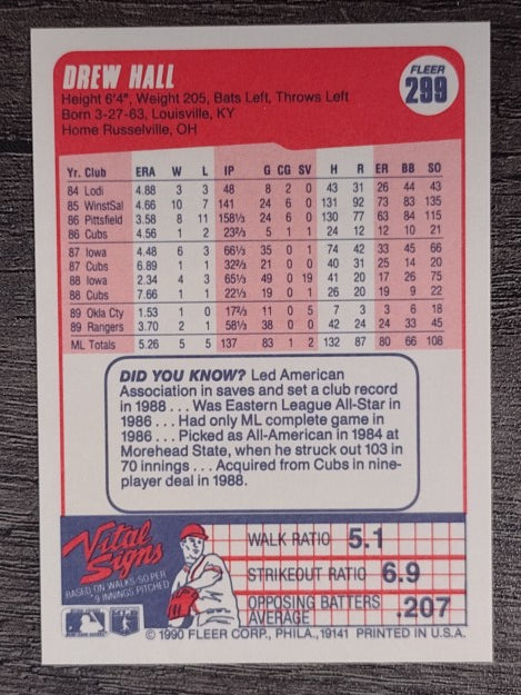 1990 Fleer #299 Drew Hall