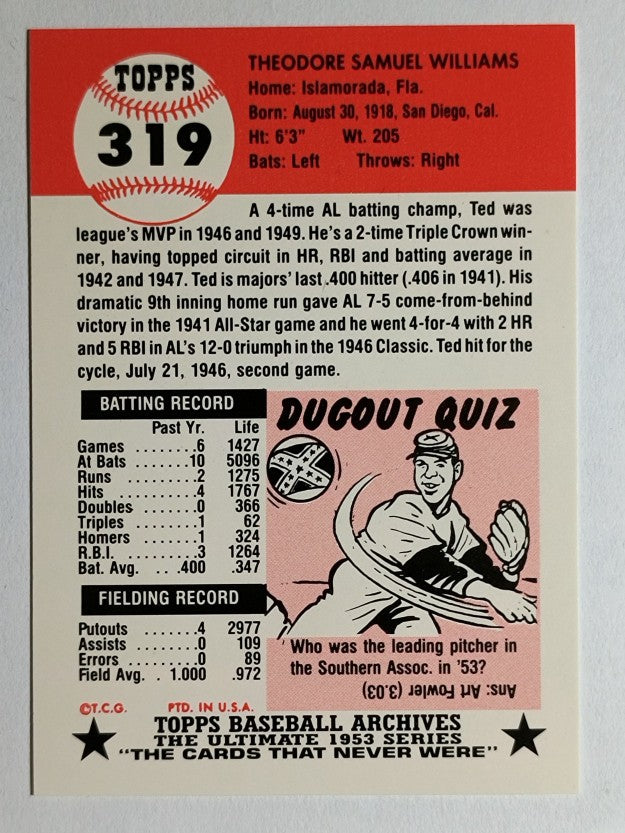 1991 Topps Archives '53 #319 Ted Williams