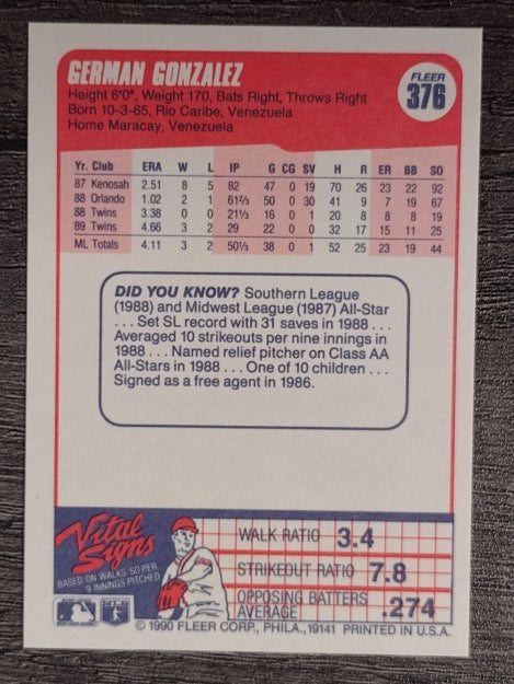 1990 Fleer #376 German Gonzalez
