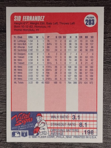 1990 Fleer #203 Sid Fernandez