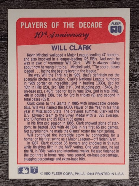1990 Fleer #630B Will Clark '89 COR/321 total bases