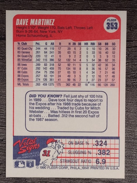 1990 Fleer #353B Dave Martinez/Red on front