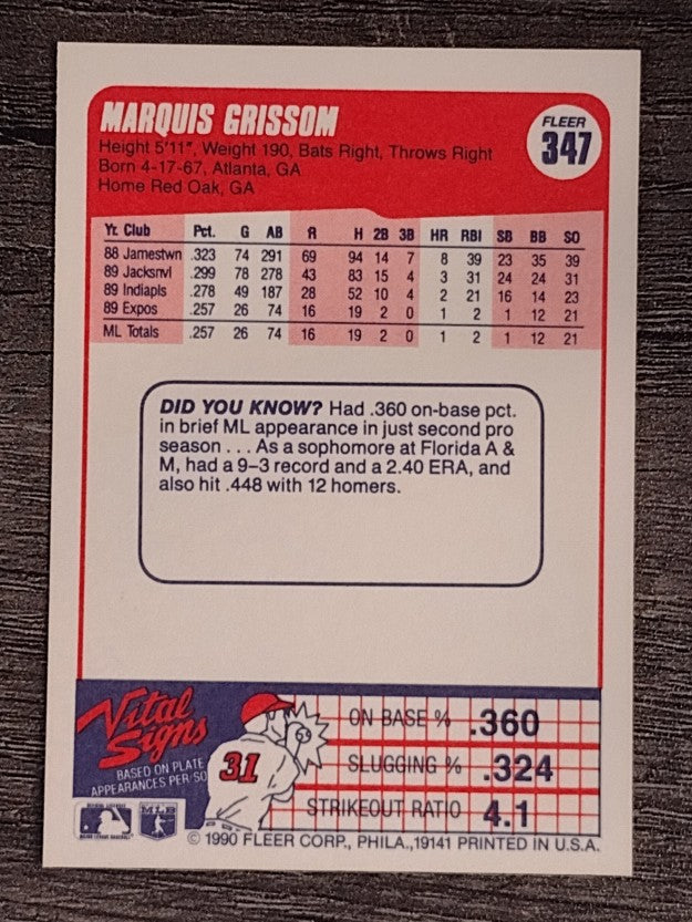 1990 Fleer #347 Marquis Grissom RC