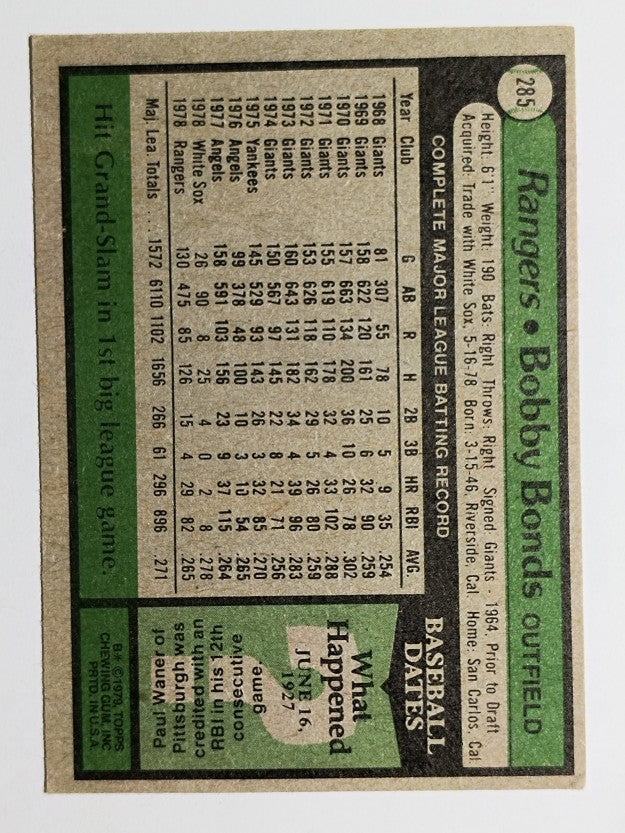 1979 Topps #285 Bobby Bonds (EX)