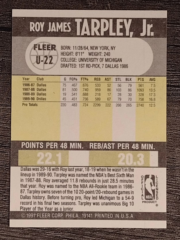 1990-91 Fleer Update #U22 Roy Tarpley