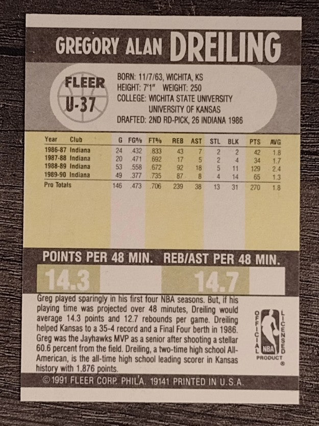1990-91 Fleer Update #U37 Greg Dreiling RC