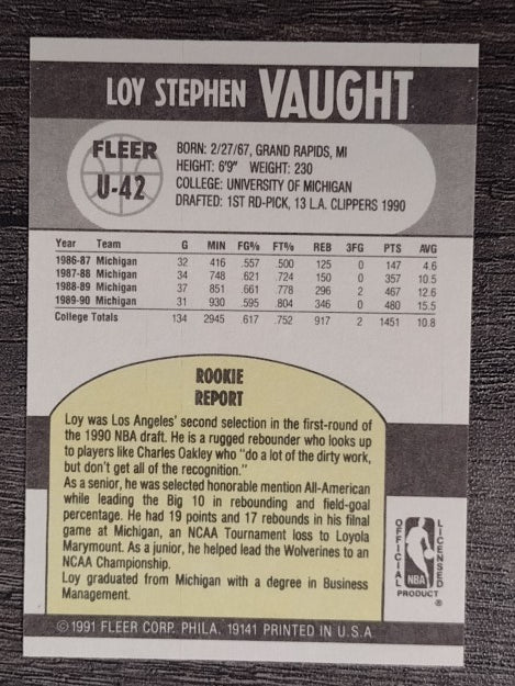 1990-91 Fleer Update #U42 Loy Vaught RC