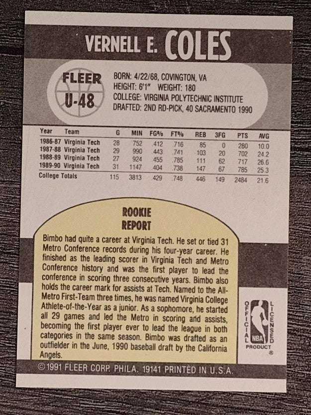 1990-91 Fleer Update #U48 Bimbo Coles RC