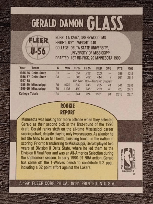 1990-91 Fleer Update #U56 Gerald Glass RC