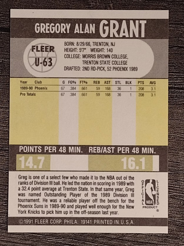 1990-91 Fleer Update #U63 Greg Grant RC