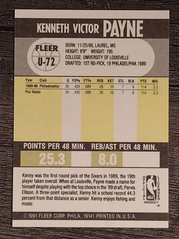 1990-91 Fleer Update #U72 Kenny Payne RC