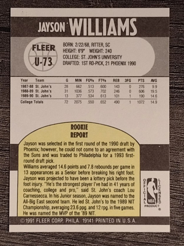 1990-91 Fleer Update #U73 Jayson Williams RC